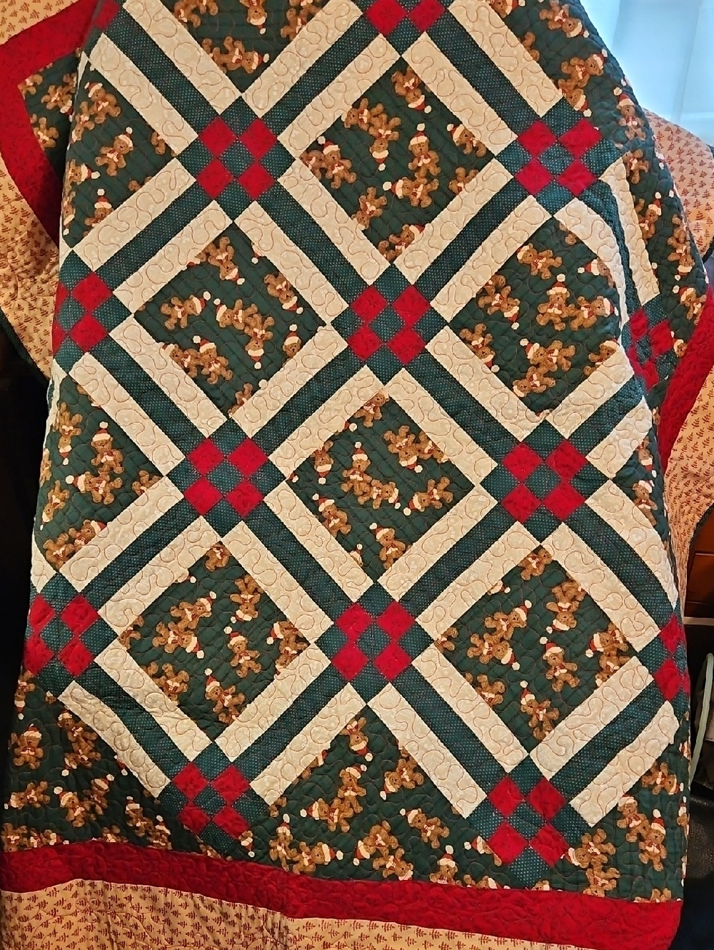 Handmade Quilted Throw in Green, Red, Cream